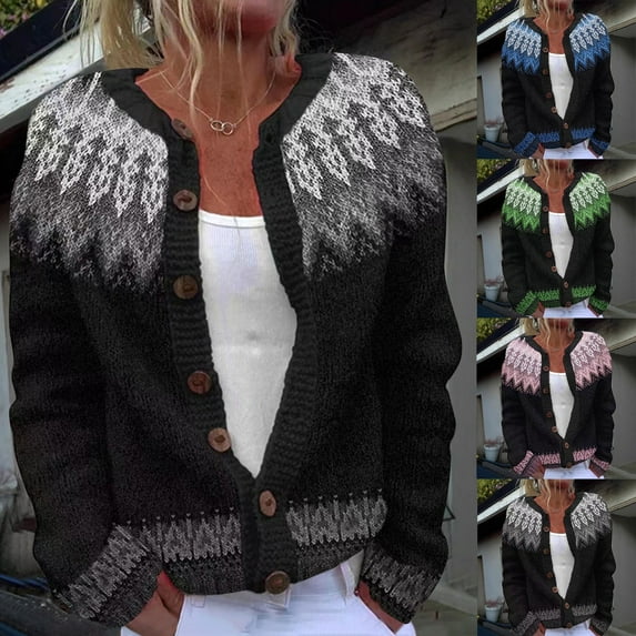 FRSASU Cardigan Ethnic Style Jacquard Sweaters for Women Lightweight Button Up Cardigans Fall Knit Sweater Tops Pink