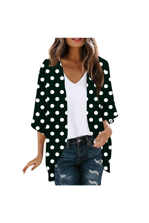 Cardigan for Women 3/4 Sleeve Polka Dot Printed Lightweight Summer Kimono Cardigan Loose Beach Cover up Black