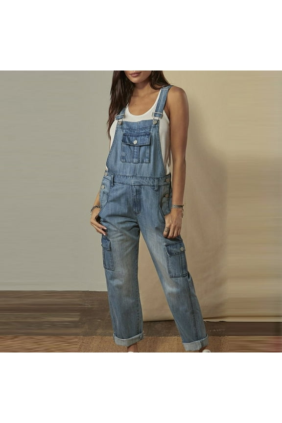 Cargo Jean Overalls for Women Wide Leg Bib Utility Stretchy Denim Jumpsuit Overall Loose Trendy with Pockets Blue