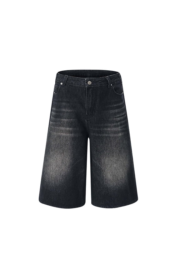Casual Denim Shorts for men Loose Baggy Casual Short Wide Leg Mid Jean Jorts Hip Hop Shorts with Pockets Streetwear Short Black