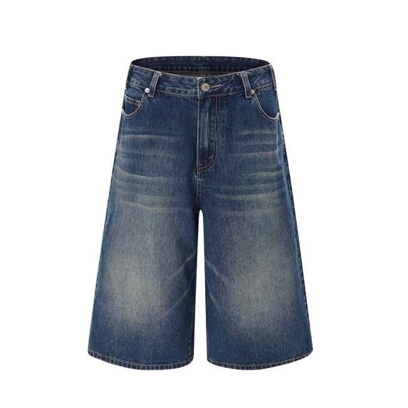 FRSASU Casual Denim Shorts for men Loose Baggy Casual Short Wide Leg Mid Jean Jorts Hip Hop Shorts with Pockets Streetwear Short Dark Blue