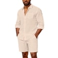 thumbnail image 1 of FRSASU Casual Linen Set for Men Summer Outfit 2 Piece Long Sleeve Button Down Shirts Bermuda Shorts Beach Vacation Clothes Khaki, 1 of 9