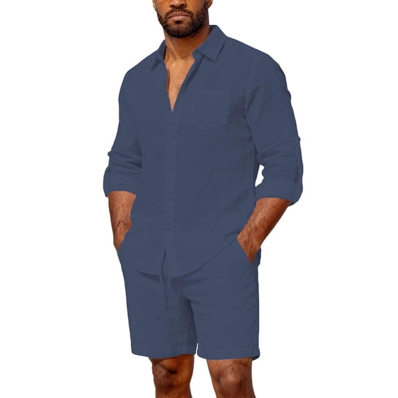 FRSASU Casual Linen Set for Men Summer Outfit 2 Piece Long Sleeve Button Down Shirts Bermuda Shorts Beach Vacation Clothes Navy