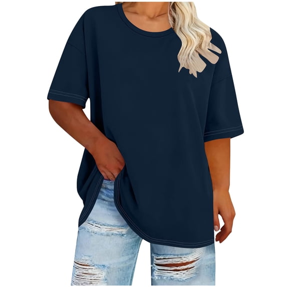 FRSASU Women's Oversized Plus Size T-shirts Loose Fit Crew Neck Casual Solid Color Summer Basic Tees Navy
