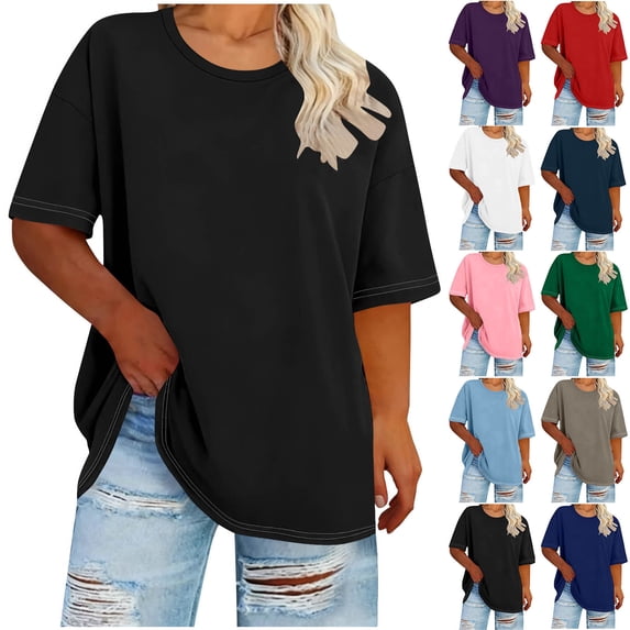 FRSASU Women's Oversized Plus Size T-shirts Loose Fit Crew Neck Casual Solid Color Summer Basic Tees White