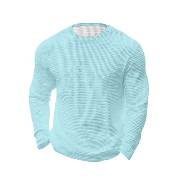 FRSASU Casual Shirts for Men Long Sleeve Loose Breathable Knit Waffle Crewneck Pullover Shirt Solid Spring Trendy Tops Light Blue-A