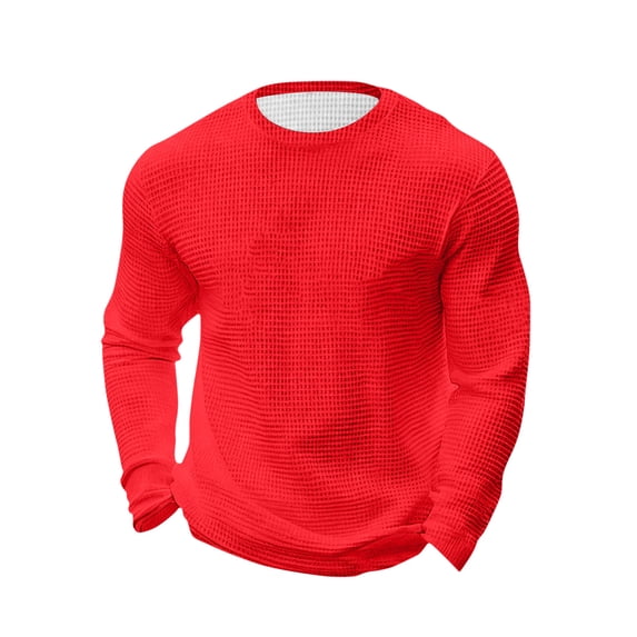 FRSASU Casual Shirts for Men Long Sleeve Loose Breathable Knit Waffle Crewneck Pullover Shirt Solid Spring Trendy Tops Red-A