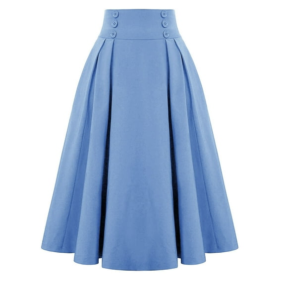 FRSASU Casual Stretch Waist Flared Plain Solid Pleated Loose Hem Long Half Length Skirt Light Blue 6(M)