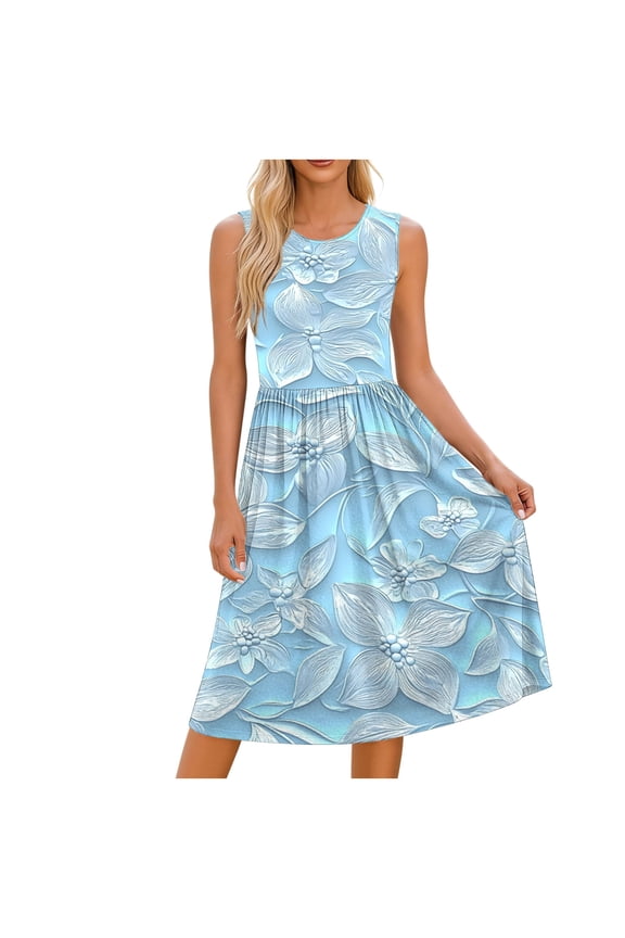 Casual Summer Dresses for Women Crewneck Sleeveless Sundresses Floral Print High Waist Loose Flowy Dress Light Blue-A