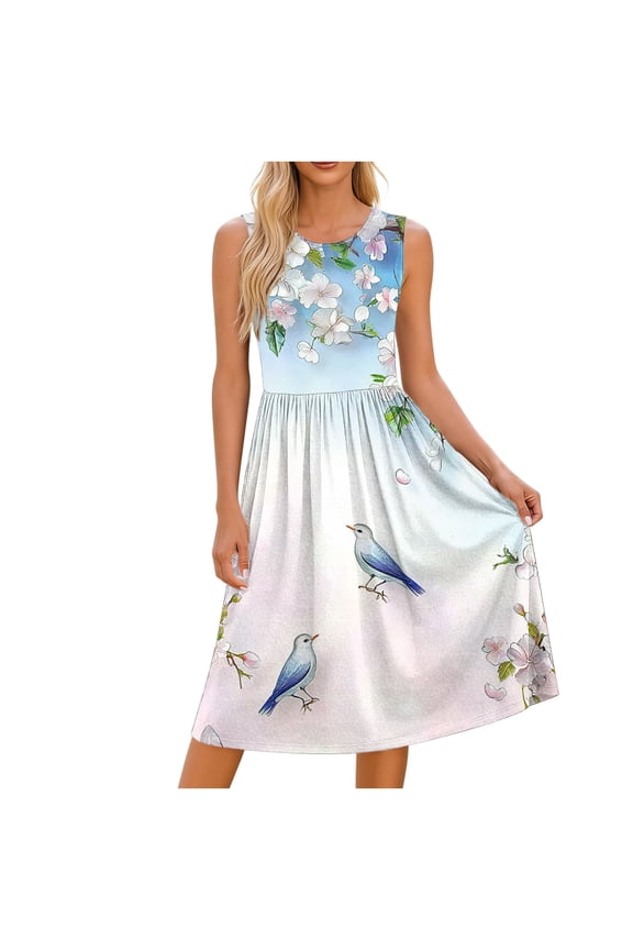 Casual Summer Dresses for Women Crewneck Sleeveless Sundresses Floral Print High Waist Loose Flowy Dress Sky Blue