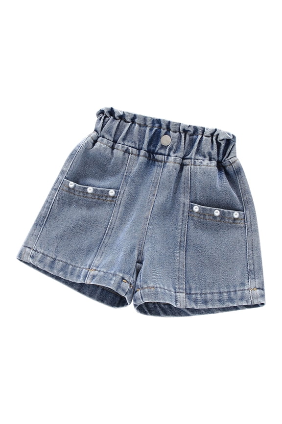 Children'S Clothing Summer ,Big Girls Summer Thin Pearl Pocket Elastic Waist Shining Denim Perforated Denim Shorts Blue 14-15 Years