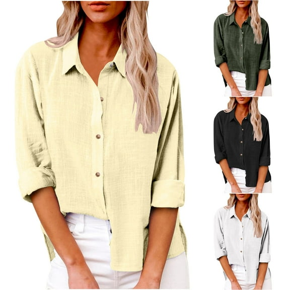 FRSASU Classic Single-Breasted Lapel Shirt for Women Button Down Shirts Casual Long Sleeve Blouse Work Tops Yellow