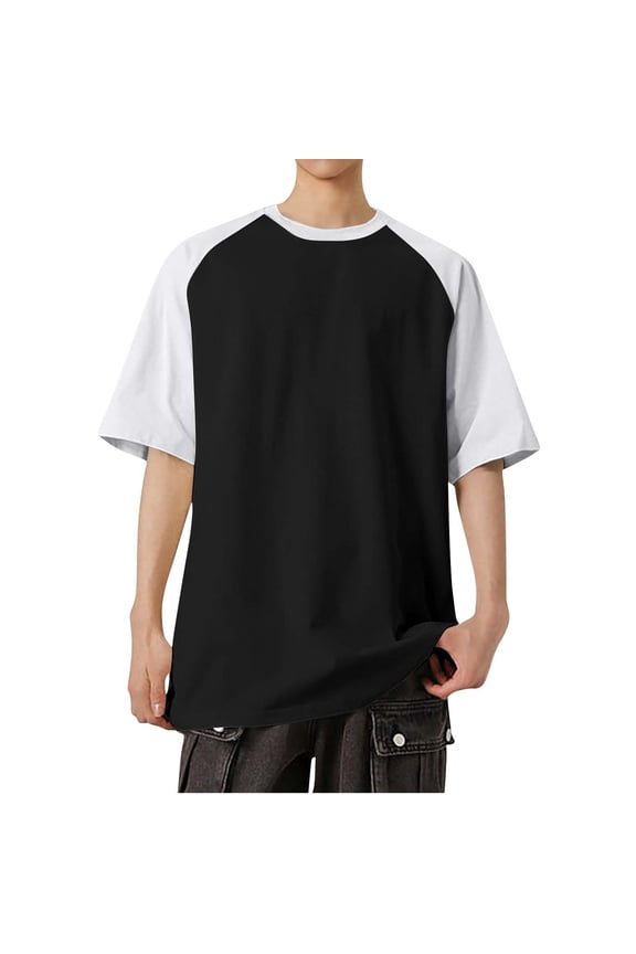 Mens Shirts Short Sleeve Color Block Casual Raglan Short Sleeved Concise Round Neck Shirts Black L