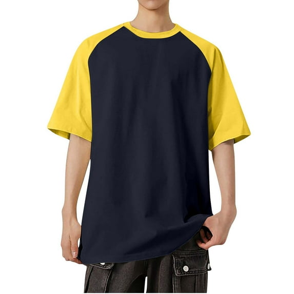 FRSASU Mens Shirts Short Sleeve Color Block Casual Raglan Short Sleeved Concise Round Neck Shirts Navy XL