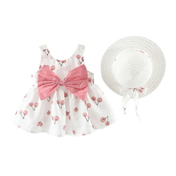 FRSASU Toddler Baby Kids Girls Sleeveless Cherry Princess Dresses Bow Hat Outfits