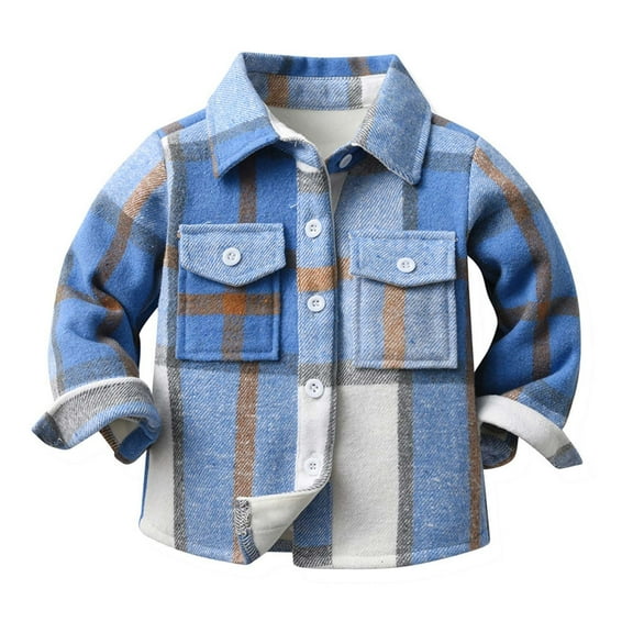 FRSASU Toddler Flannel Shirt Jacket Plaid Long Sleeve Lapel Button Down Shacket Kids Boys Girls Shirts Coats Fall Tops Blue 12-18 Months