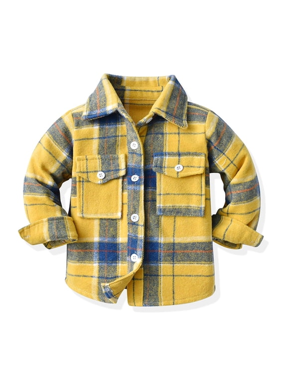 Toddler Flannel Shirt Jacket Plaid Long Sleeve Lapel Button Down Shacket Kids Boys Girls Shirts Coats Fall Tops Yellow 3-6 Months