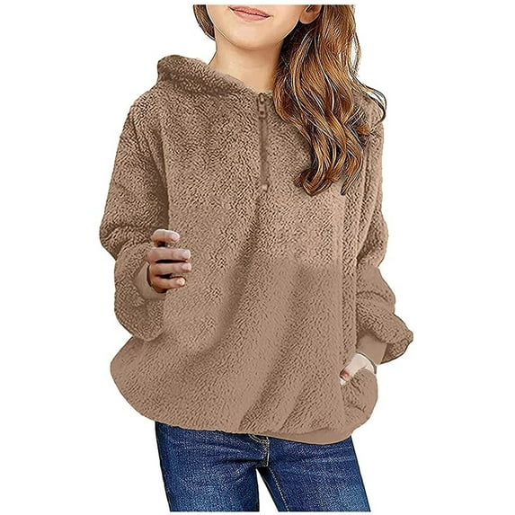 FRSASU Clearance Toddler Grils Fleece Outwear Boys Zipper Thick Kids Warm Hooded Coat Khaki 4-5 Years