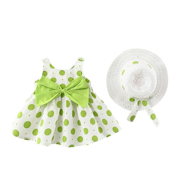 FRSASU Toddler Kid Girl Summer Bow Polka Dot Suspender Dress with Hat