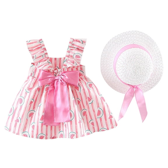 FRSASU Toddler Kids Girls Floral Ruched Bow Watermelon Princess Dress Clothes Hat