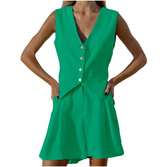 FRSASU Women's Cotton Linen Suit Vest Set Sleeveless Tank Shorts Set Green 6(M)