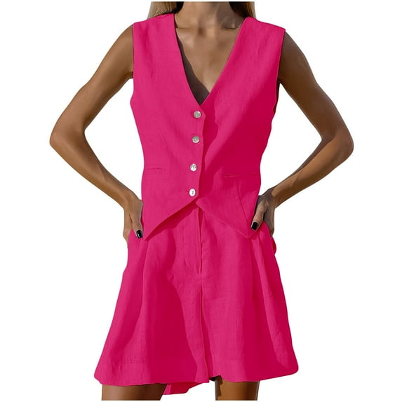FRSASU Women's Cotton Linen Suit Vest Set Sleeveless Tank Shorts Set Red 4(S)