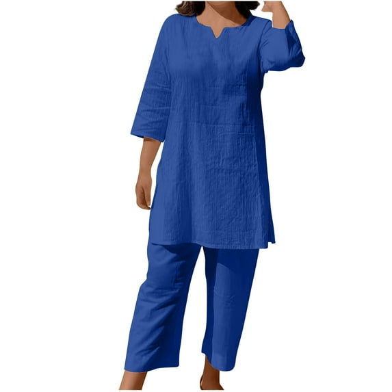 FRSASU Women's Summer Pullover Color Temperament Commuting Ethnic Style Long Sleeve Clothing Two Piece Set Blue 8(L)