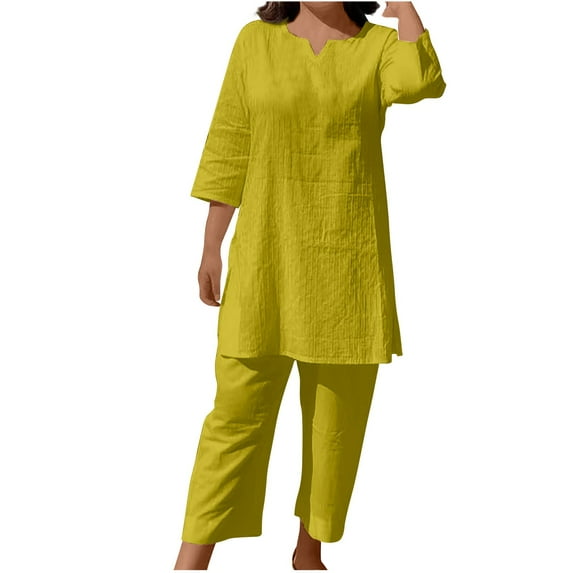 FRSASU Women's Summer Pullover Color Temperament Commuting Ethnic Style Long Sleeve Clothing Two Piece Set Green 8(L)