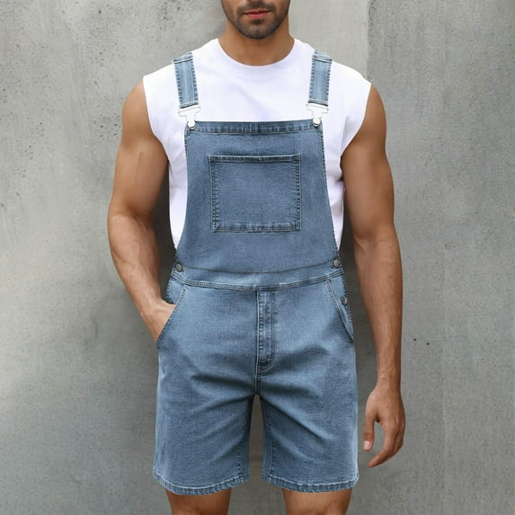 FRSASU Men Jumpsuits Casual Fashion Soild Zipper Breast Pocket Washed Suspender Long Pants Cargo Pants Sky Blue L(L)