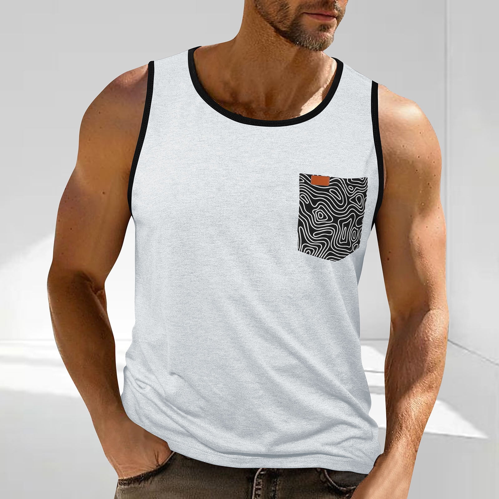 FRSASU Men's Summer Sleeveless Tank Round Neck Color Blocked Pocket ...
