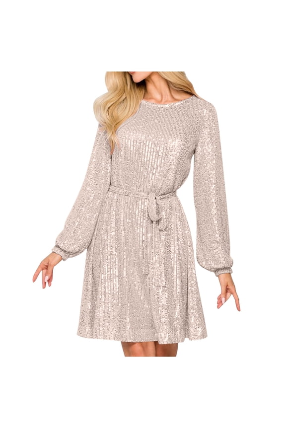 Cocktail Dresses for Women, Vintage Wedding Guest Long Sleeves Sequin Round Neck formal Holiday Dress Rose Gold