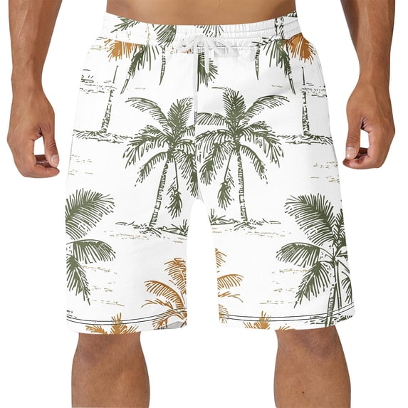 FRSASU Coconut Tree Printed Beach Shorts for Men Casual Loose Hawaiian Vacations Surfing Shorts Men's Swimming Trunks White