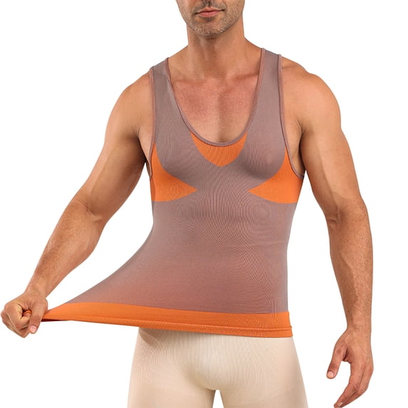 FRSASU Compression Shirt for Men Slimming Body Shaper Tummy Control Vest Workout Tank Top Shapewear Brown