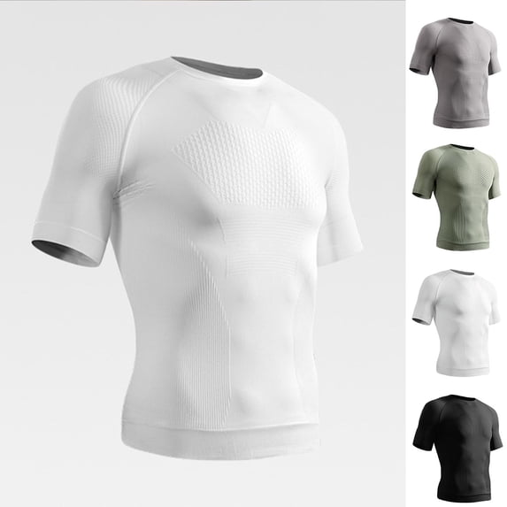 FRSASU Compression Shirts for Men Crew Neck Solid Stretchy Tees Lightweight Quick Dry Workout Shirts White
