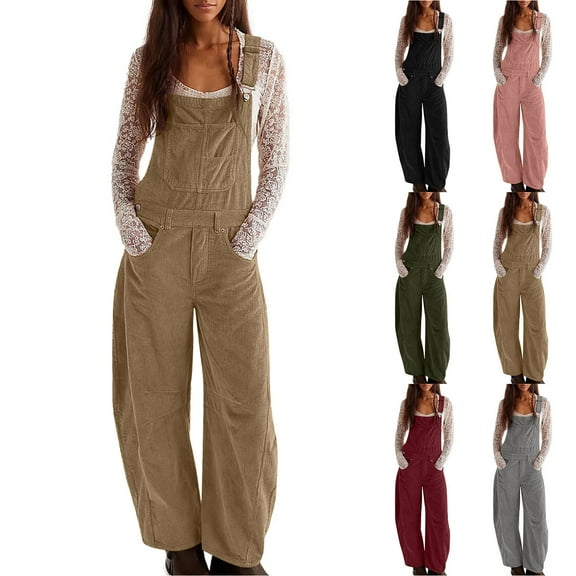 FRSASU Corduroy Overalls for Women Barrel Wide Leg Bib Corduroy Pants Women Adjustable Romper Jumpsuit with Pockets Wine