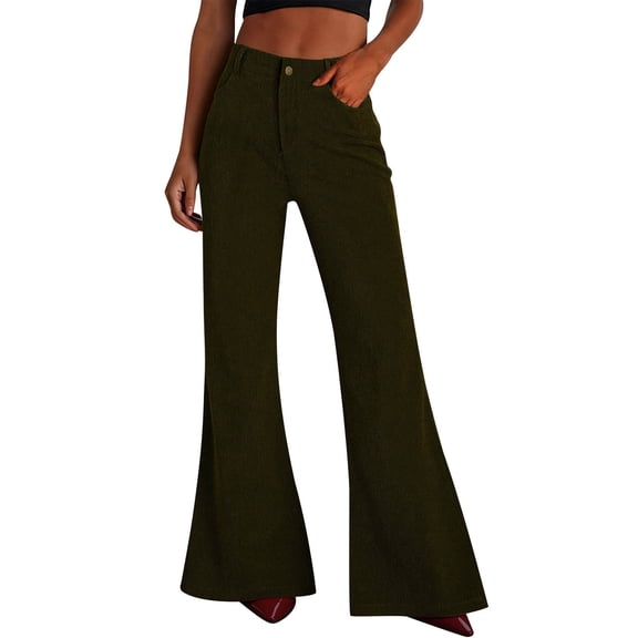 FRSASU Corduroy Pants for Women High Waisted Stretchy Flare Pants Casual Wide Leg Bell Bottom Trousers with Pockets Army Green