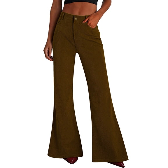 FRSASU Corduroy Pants for Women High Waisted Stretchy Flare Pants Casual Wide Leg Bell Bottom Trousers with Pockets Brown