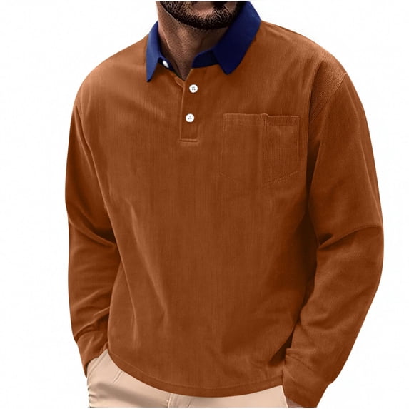 FRSASU Corduroy Shirt for Men Pullover Long Sleeve Polo Shirt Casual Work Collared Shirt Half Button Up Top Orange