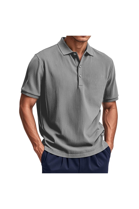 Corduroy Shirt for Men Pullover Short Sleeve Polo Shirt Casual Work Collared Shirt Half Button Up Top Gray