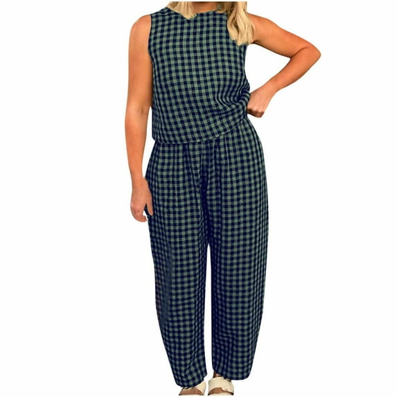 FRSASU Cotton 2 Piece Outfits for Women Casual Plaid Print Sleeveless Crew Neck Vest Top High Waist Pants Set Green
