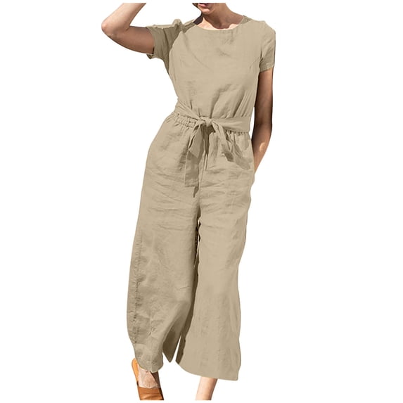 FRSASU Cotton Joggers for Women Jumpsuits for Women Short Sleeve Pocket Solid Color Loose Straight Pants Romper Pants with Pocket Khaki 12(XXL)