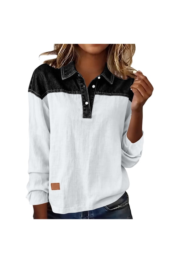 Cotton Linen Button Down Shirts Women Long Sleeve Color Block Shirts V Neck Collared Loose Tunic Tops White