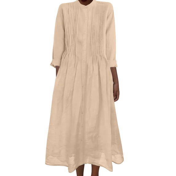 FRSASU Cotton Linen Dresses for Women Summer Casual Loose Long Sleeve Button Midi Dress A-Line Flowy Beach Dress with Pockets Khaki