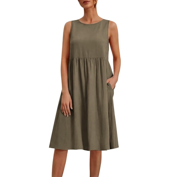 FRSASU Cotton Linen Dresses for Women Summer Maxi Sleeveless Gauze Plus Size Flowy Midi Dress with Pockets Comfy Vacation Outfits Army Green