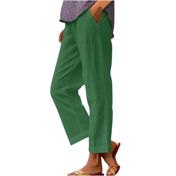 FRSASU Cotton Linen Pants Women Elastic High Waisted Straight Leg Lounge Pants Casual Slacks Summer Trousers with Pockets Army Green