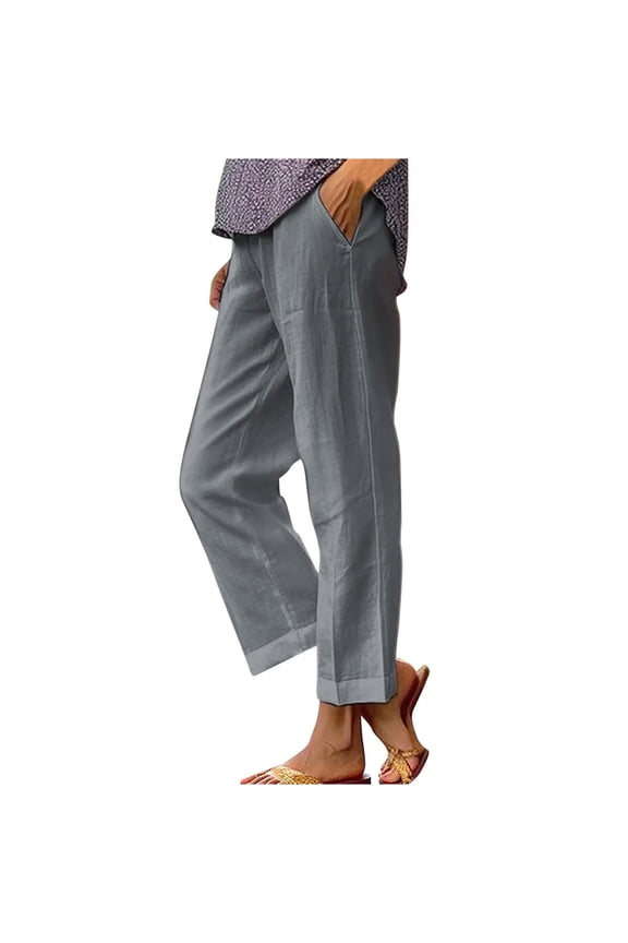 Cotton Linen Pants Women Elastic High Waisted Straight Leg Lounge Pants Casual Slacks Summer Trousers with Pockets Gray