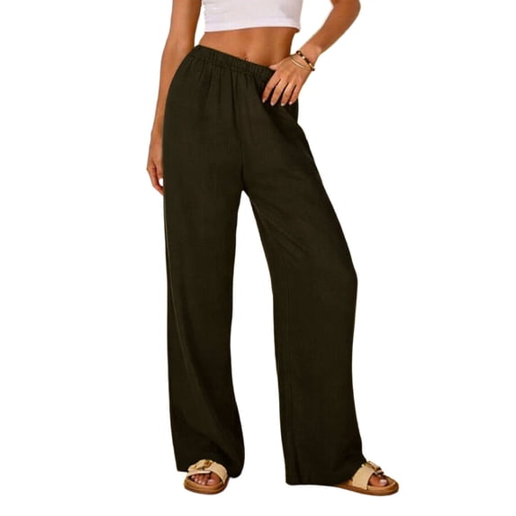FRSASU Cotton Linen Pants Women Wide Leg Palazzo Summer Flowy Pants Beach Vacation Clothes Elastic Waist Travel Trousers with Pockets Army Green