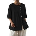thumbnail image 1 of FRSASU Cotton Linen Shirt Women Spring Casual Scoop Neck 3/4 Sleeve Tops Button Loose Fit Beach Tops Soft Blouse Black, 1 of 6