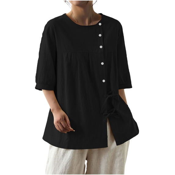 FRSASU Cotton Linen Shirt Women Spring Casual Scoop Neck 3/4 Sleeve Tops Button Loose Fit Beach Tops Soft Blouse Black