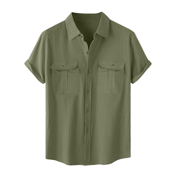 FRSASU Cotton Linen Shirt for Men Button Down Short Sleeve Lapel Breathable Blouses Summer Work Dress Tops with 2 Pockets Army Green